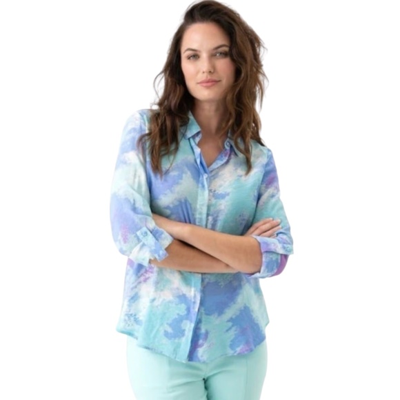 Renuar Resort Cruise Coastal Watercolor Print Button Front Blouse Blue Sz XL - Picture 1 of 10